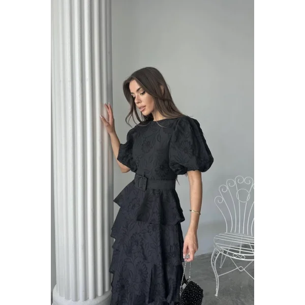 Siyah Kat Kat Balon Kollu Kemerli Elbise