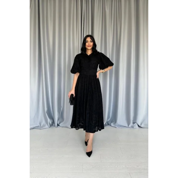 Siyah Kemerli Balon Kollu Elbise