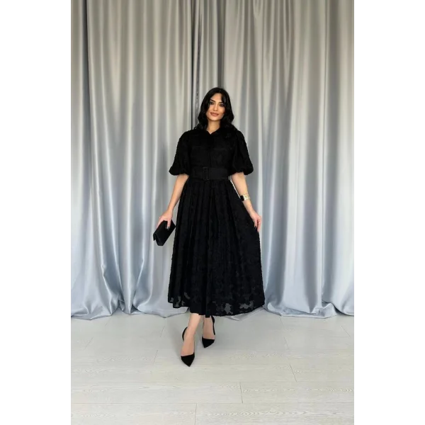 Siyah Kemerli Balon Kollu Elbise