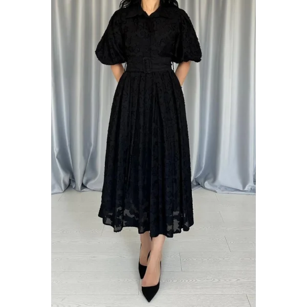 Siyah Kemerli Balon Kollu Elbise