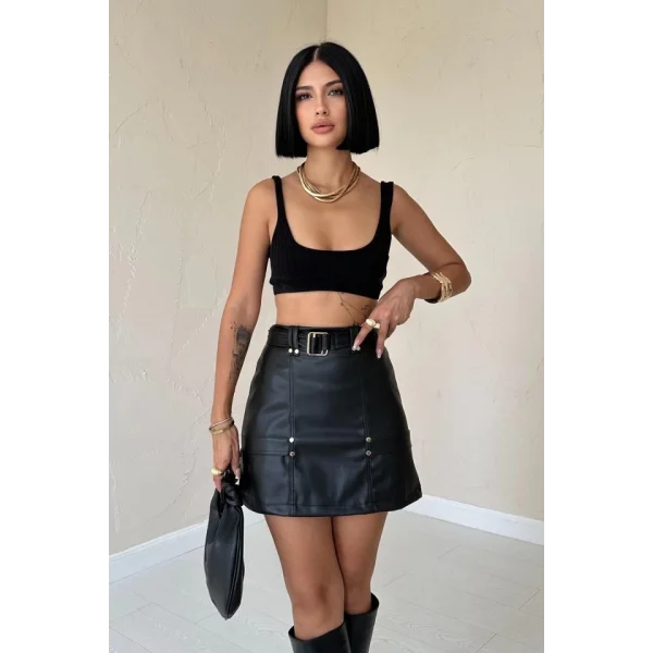 Siyah Kemerli Mini Deri Etek