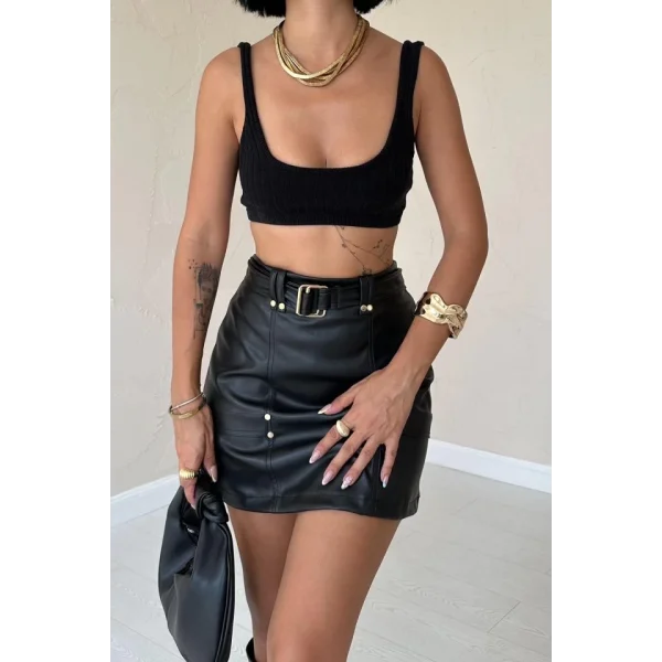 Siyah Kemerli Mini Deri Etek