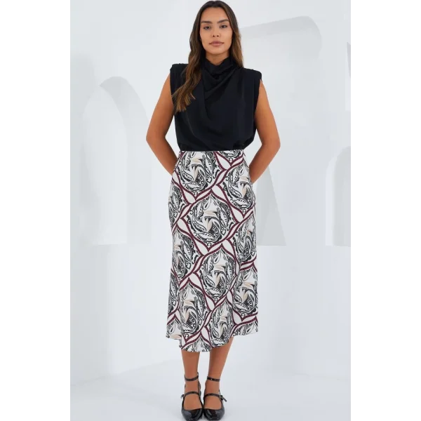 Siyah Kırmızı Desenli Saten Etek 15806
