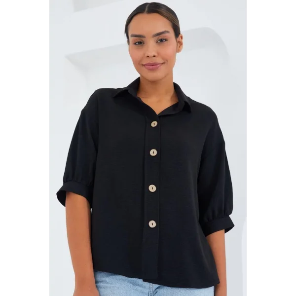 Siyah Kısa Kol Oversize Keten Gömlek 202