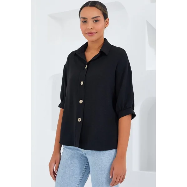 Siyah Kısa Kol Oversize Keten Gömlek 202