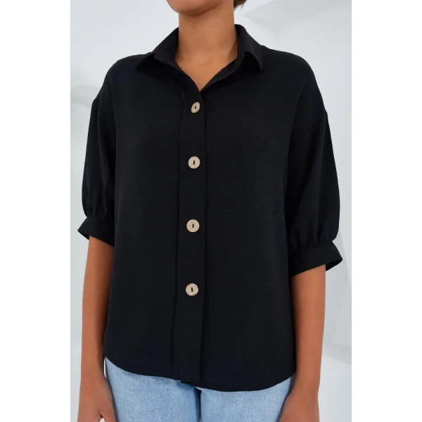 Siyah Kısa Kol Oversize Keten Gömlek 202