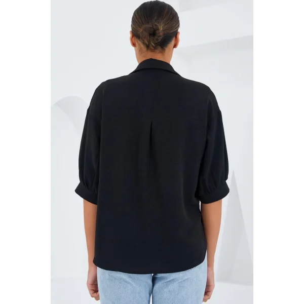 Siyah Kısa Kol Oversize Keten Gömlek 202