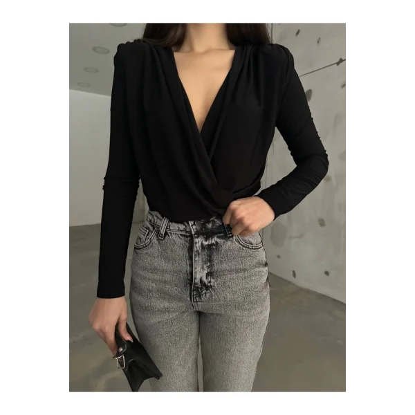 Siyah Kruvaze Yaka Vatkalı Bodysuit