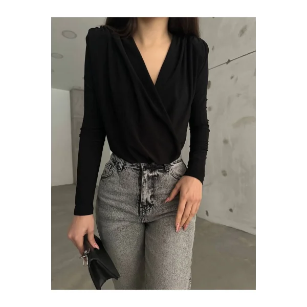 Siyah Kruvaze Yaka Vatkalı Bodysuit