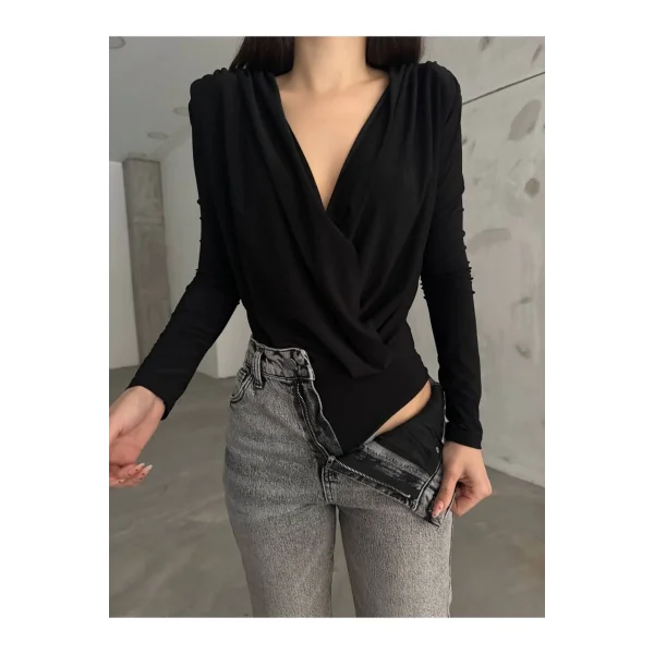 Siyah Kruvaze Yaka Vatkalı Bodysuit