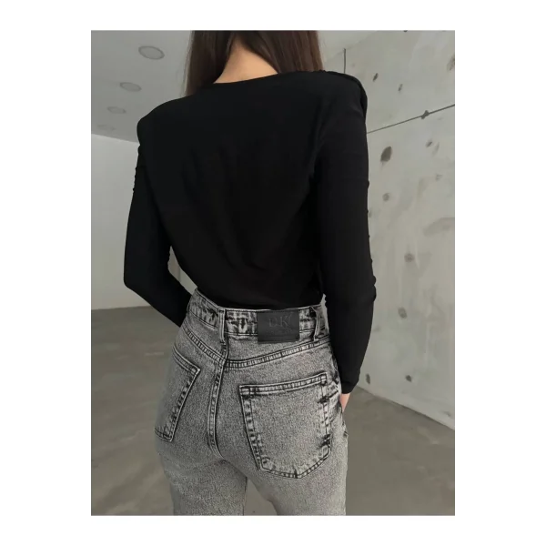 Siyah Kruvaze Yaka Vatkalı Bodysuit