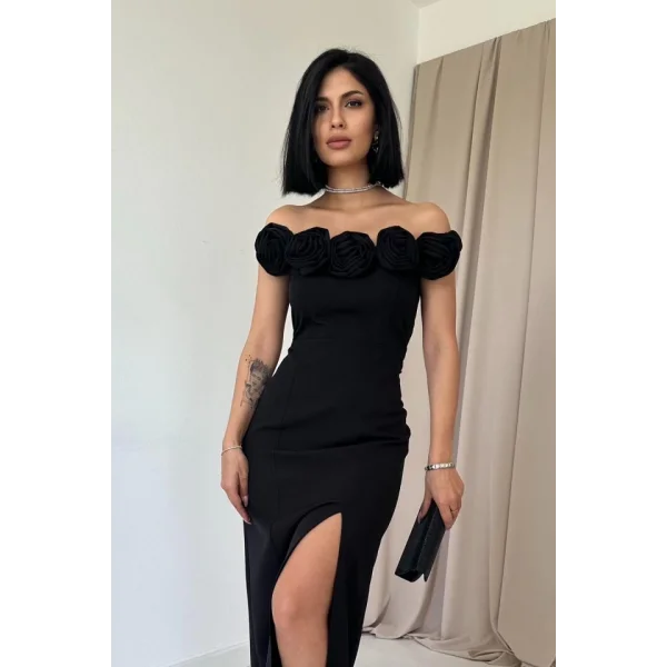 Siyah Madonna Yaka Güllü Elbise