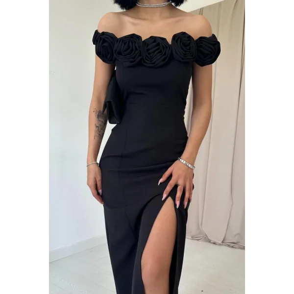 Siyah Madonna Yaka Güllü Elbise