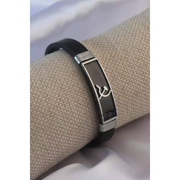 Siyah Metal Çekiç Orak Model Siyah Deri Erkek Bileklik