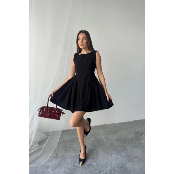 Siyah Mini Boy Büzgülü Keten Elbise