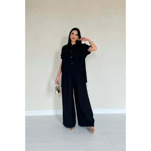 Siyah Önü Pileli İkili Keten Takım