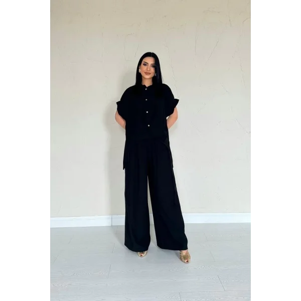 Siyah Önü Pileli İkili Keten Takım
