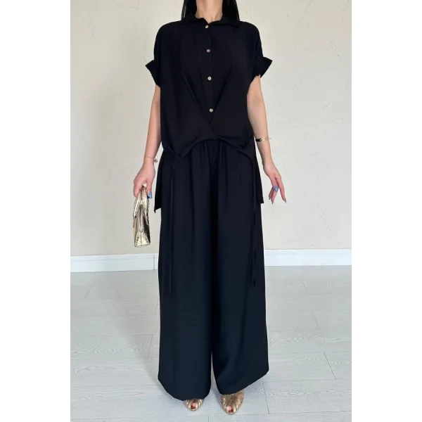 Siyah Önü Pileli İkili Keten Takım