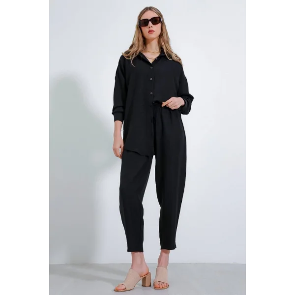 Siyah Oversize Keten Alt Üst Takım 6622
