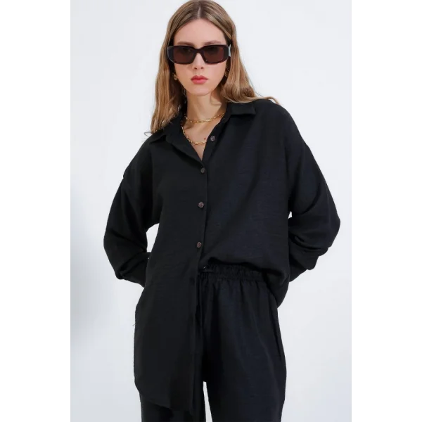 Siyah Oversize Keten Alt Üst Takım 6622