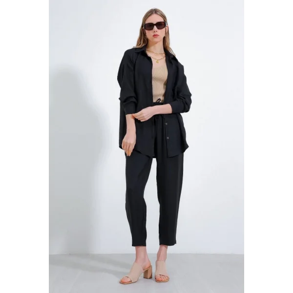 Siyah Oversize Keten Alt Üst Takım 6622