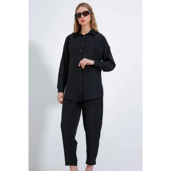 Siyah Oversize Keten Alt Üst Takım 6622