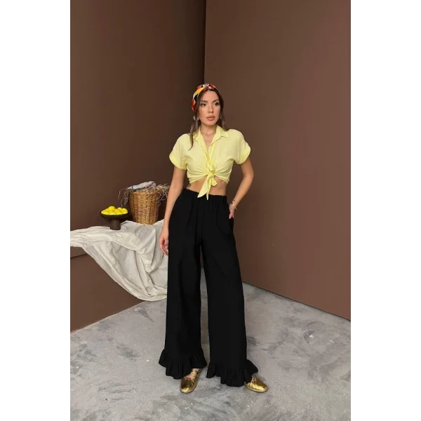 Siyah Paçası Fırfırlı Keten Pantolon