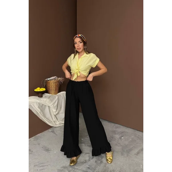 Siyah Paçası Fırfırlı Keten Pantolon