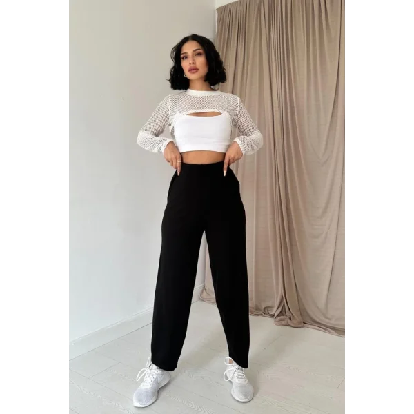 Siyah Pensli Lastik Detaylı Pantolon