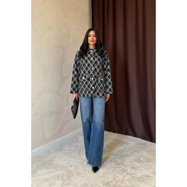 Siyah Polar Baklava Ekose Ceket