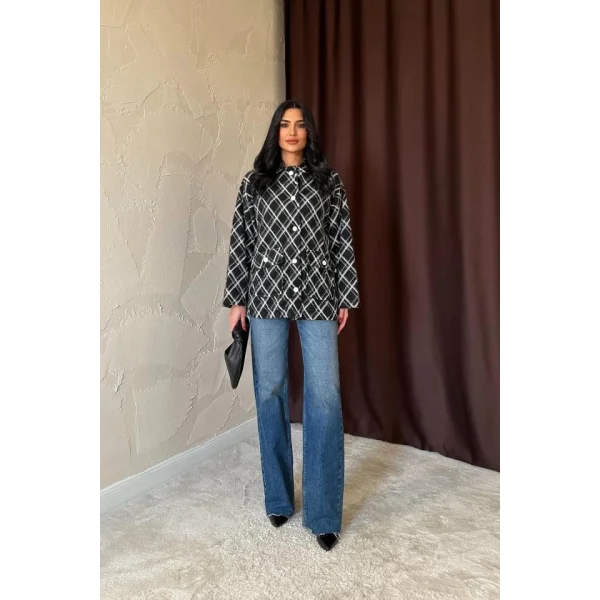 Siyah Polar Baklava Ekose Ceket