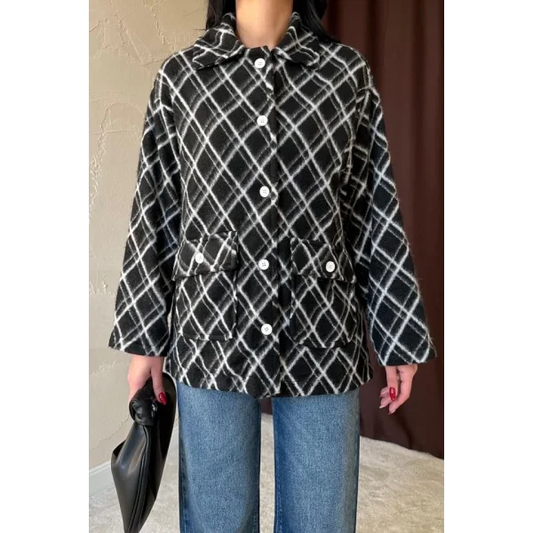 Siyah Polar Baklava Ekose Ceket