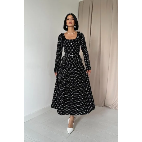 Siyah Puantiye Desenli Volanlı Elbise