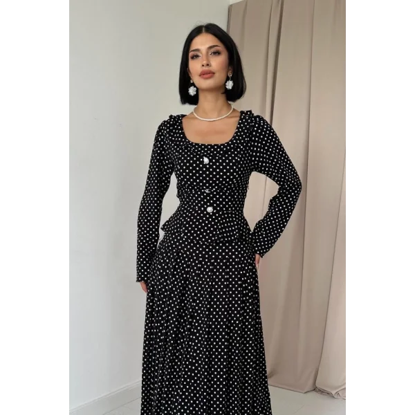 Siyah Puantiye Desenli Volanlı Elbise