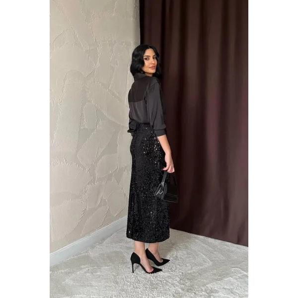 Siyah Pulpayetli Parlak Etek