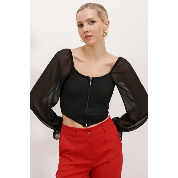 Siyah Şifon Önü Fermuarlı Bluz 0496