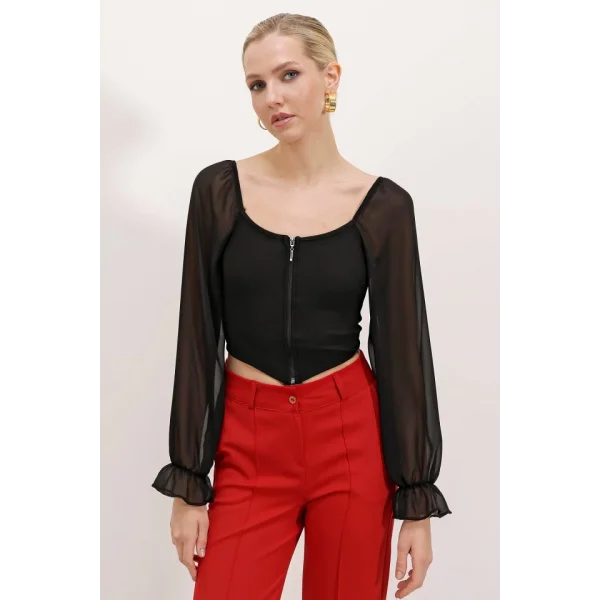 Siyah Şifon Önü Fermuarlı Bluz 0496