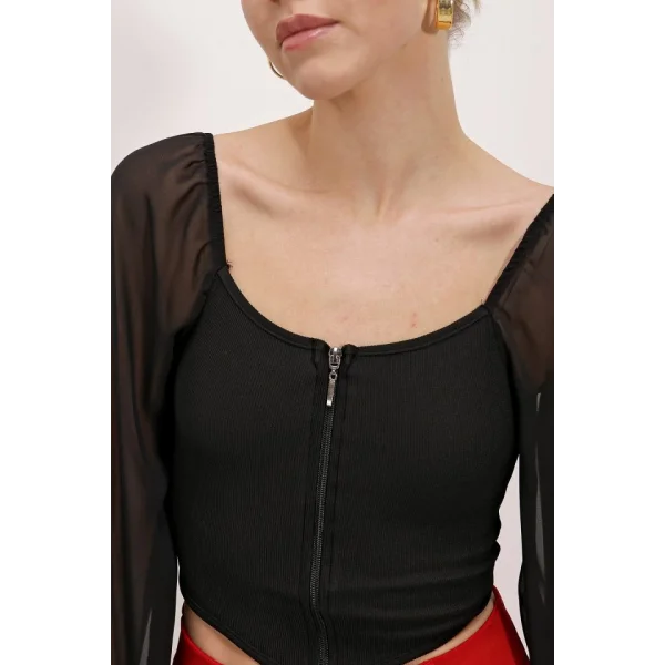 Siyah Şifon Önü Fermuarlı Bluz 0496