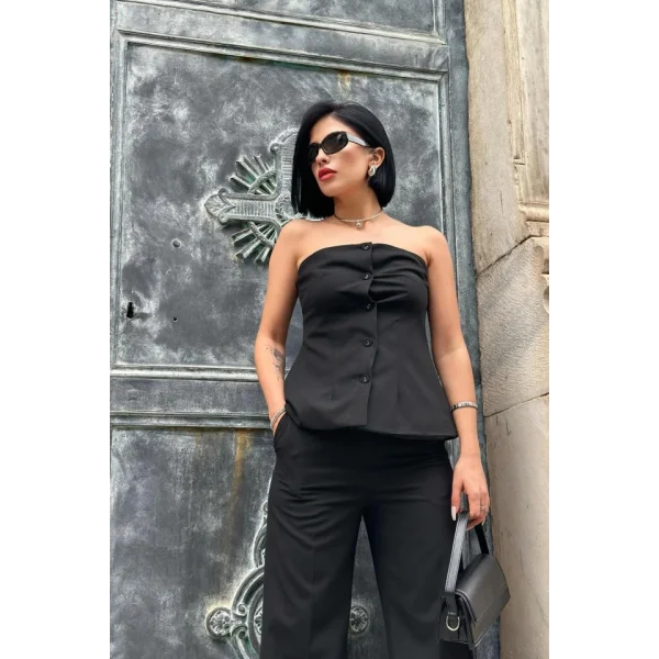 Siyah Straplez Düğmeli Crop Ve Pantolon Takım