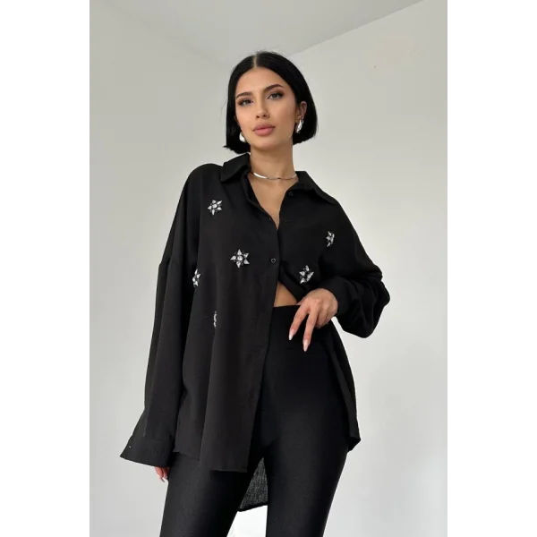 Siyah Taş İşlemeli Gömlek