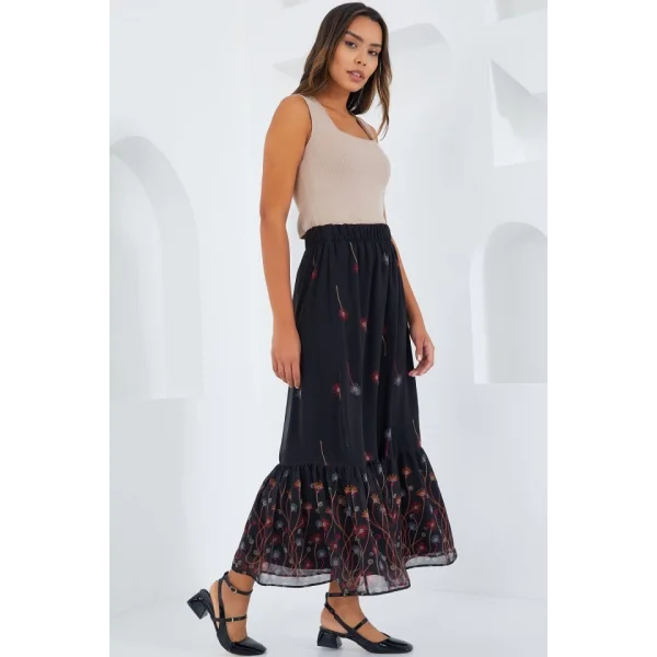 Siyah Turuncu Desenli Şifon Etek 8010