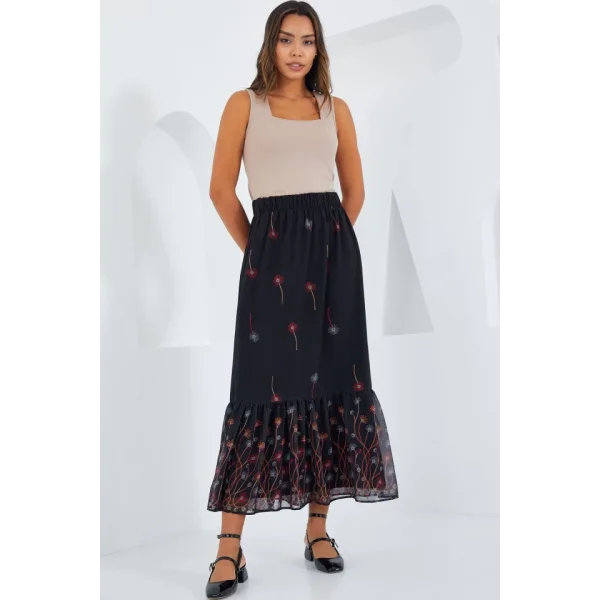 Siyah Turuncu Desenli Şifon Etek 8010