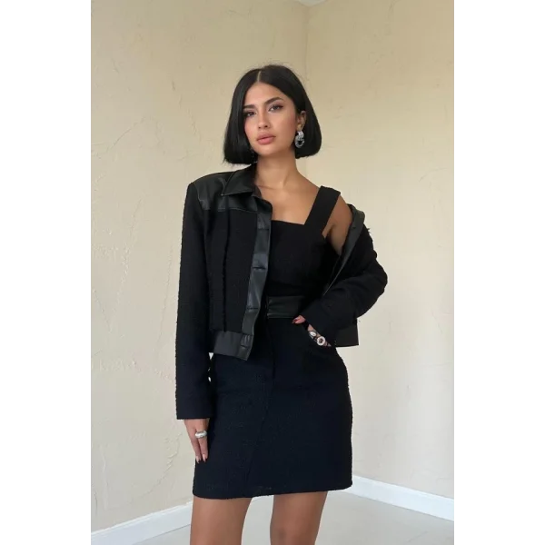 Siyah Üçlü Deri Garnili Ceket Ve Pantolon Takım