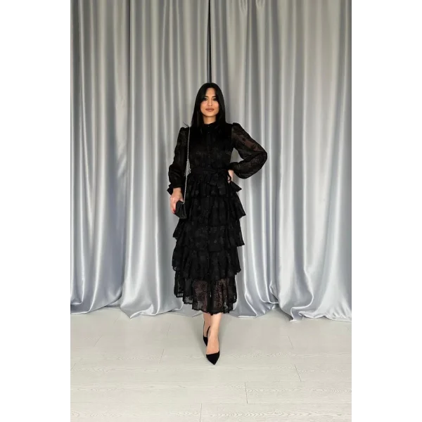 Siyah Valonlu Şeritli Kat Kat Elbise