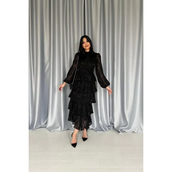 Siyah Valonlu Şeritli Kat Kat Elbise