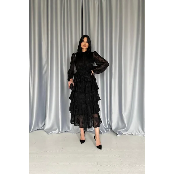 Siyah Valonlu Şeritli Kat Kat Elbise