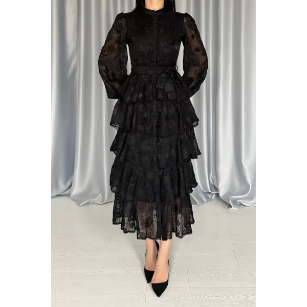 Siyah Valonlu Şeritli Kat Kat Elbise