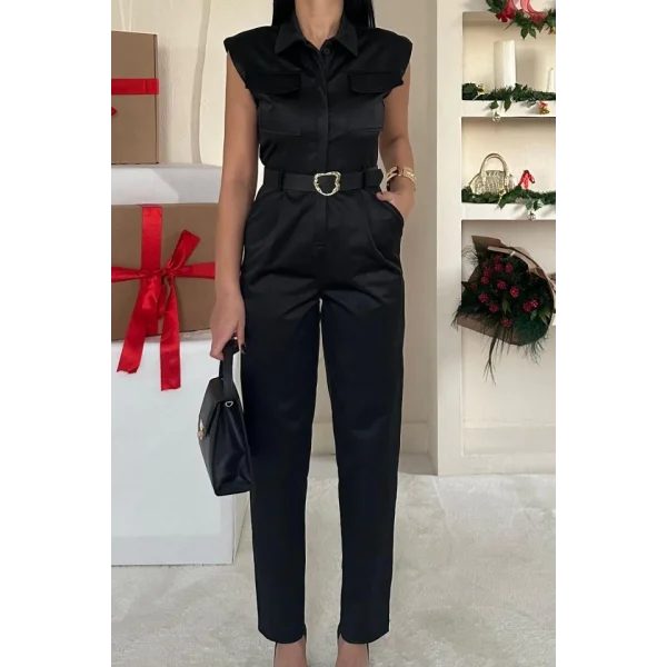 Siyah Vatkalı Kemerli Tulum