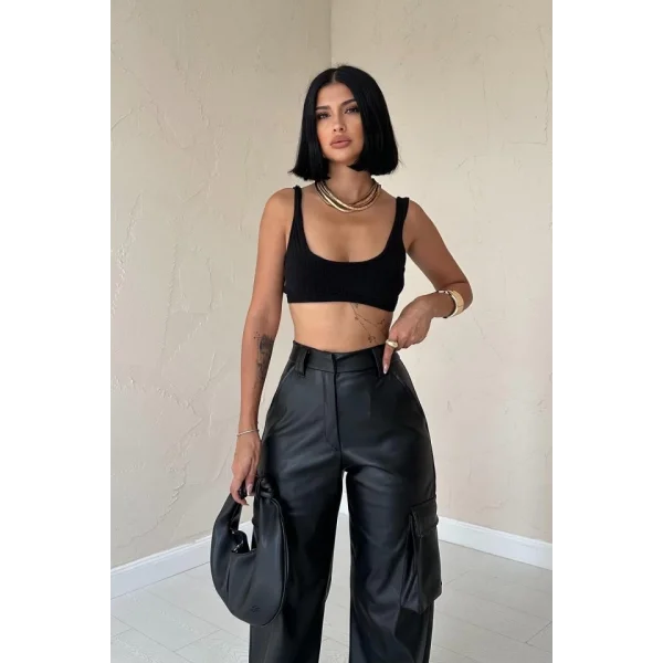 Siyah Yanlardan Cepli Deri Pantolon