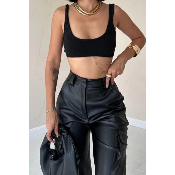 Siyah Yanlardan Cepli Deri Pantolon